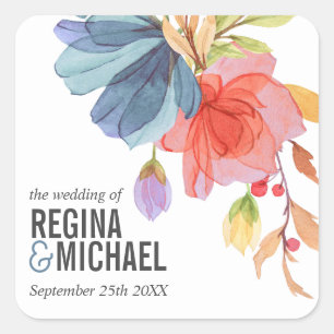 Bold Monogram Watercolor Wildflower Blue Wedding Square Sticker