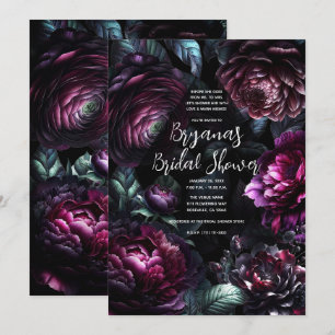 Bold Moody Flowers Black Enchanted Floral Bridal  Invitation
