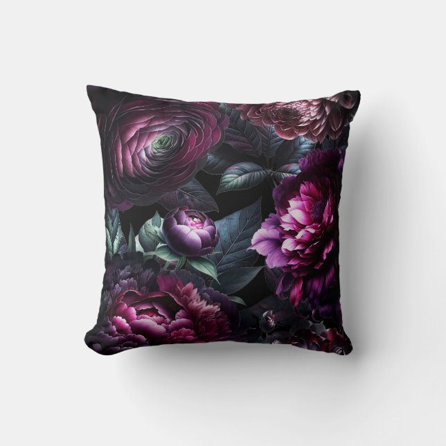 Bold Moody Flowers Black Enchanted Floral Garden Cushion (Front)