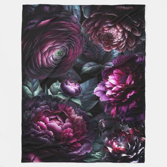 Bold Moody Flowers Black Enchanted Floral Garden Fleece Blanket (Front)
