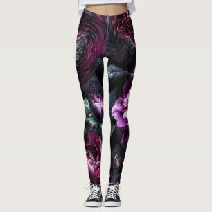 Bold Moody Flowers Black Enchanted Floral Garden Leggings