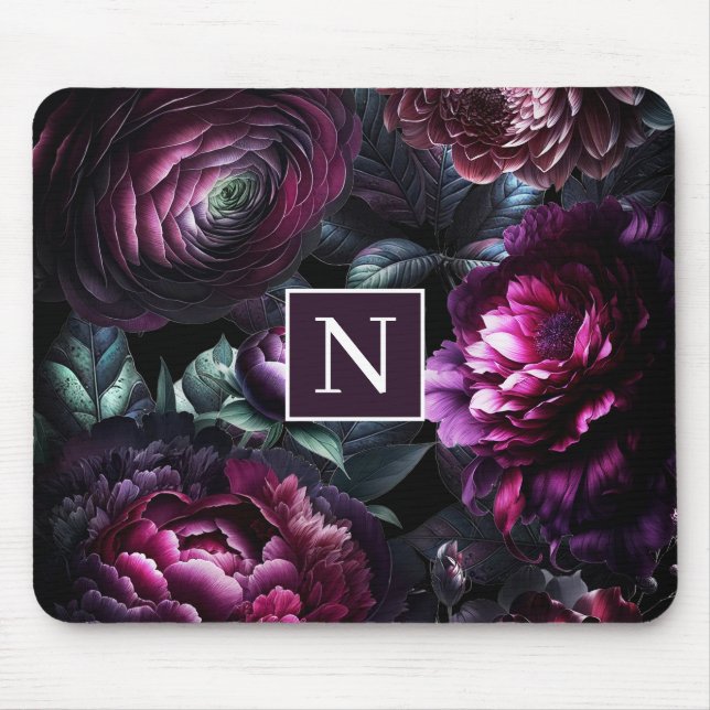 Bold Moody Flowers Black Enchanted Floral Garden Mouse Mat (Front)
