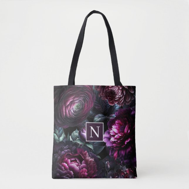 Bold Moody Flowers Black Enchanted Floral Garden Tote Bag (Front)
