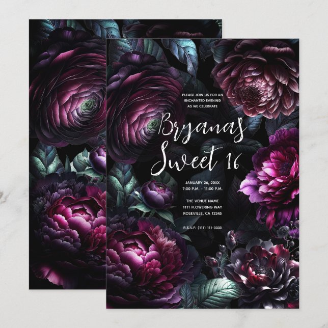 Bold Moody Flowers Black Enchanted Floral Sweet 16 Invitation (Front/Back)
