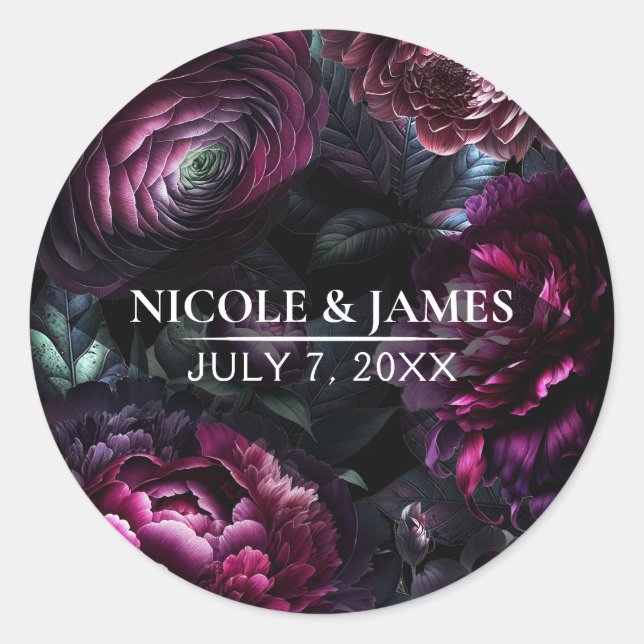 Bold Moody Flowers Black Enchanted Floral Wedding Classic Round Sticker (Front)