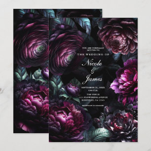 Bold Moody Flowers Black Enchanted Floral Wedding Invitation