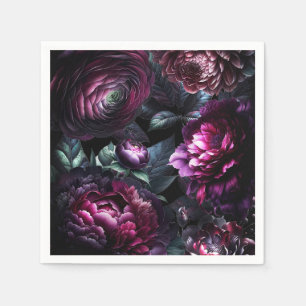 Bold Moody Flowers Black Enchanted Floral Wedding Napkin