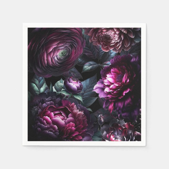 Bold Moody Flowers Black Enchanted Floral Wedding Napkin (Front)