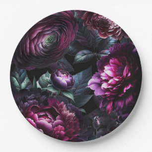 Bold Moody Flowers Black Enchanted Floral Wedding Paper Plate