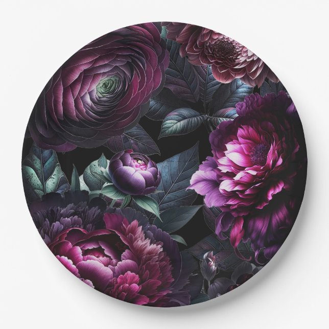 Bold Moody Flowers Black Enchanted Floral Wedding Paper Plate (Front)