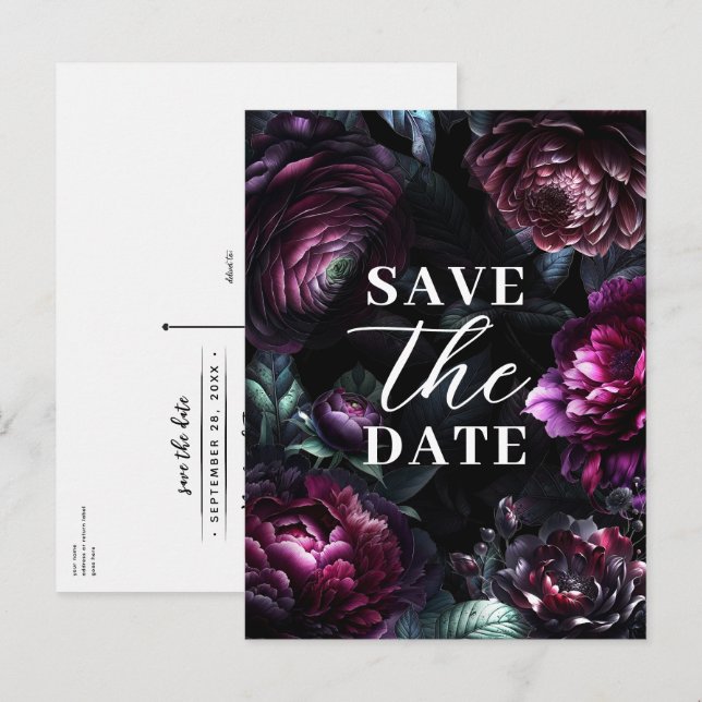 Bold Moody Flowers Enchanted Floral Save the Date Announcement Postcard (Front/Back)