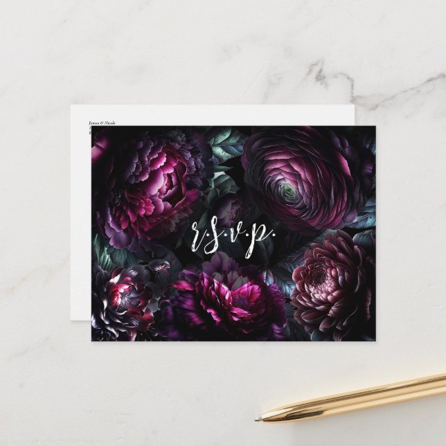 Bold Moody Flowers Enchanted Floral Wedding RSVP Announcement Postcard (Front/Back In Situ)