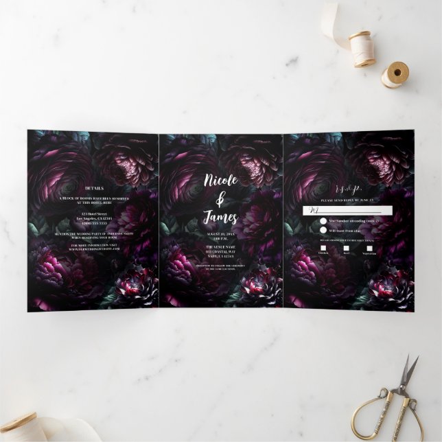Bold Moody Flowers Enchanted Floral Wedding Tri-Fold Invitation (Inside)