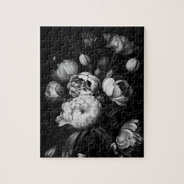 Bold Moody Painterly Flowers Black and White Jigsaw Puzzle (Vertical)