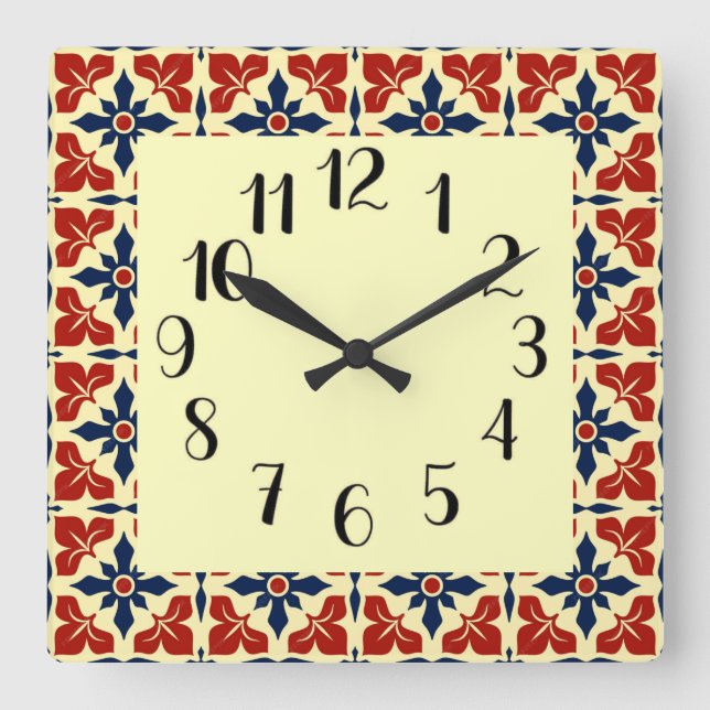 Bold Moroccan Tile Square Wall Clock (Front)