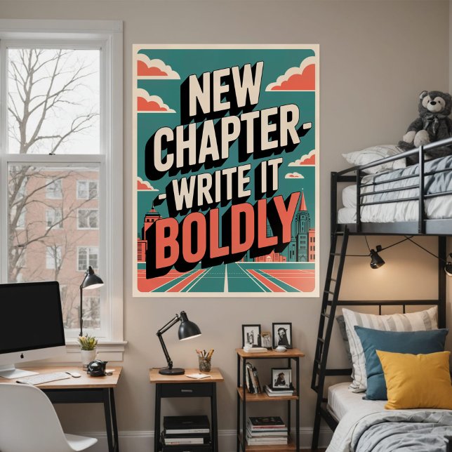 Bold Motivational New Chapter Modern Cityscape Poster (Bold, minimalist poster with an empowering quote and vibrant cityscape in teal and orange.)