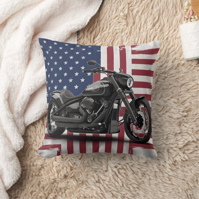 Bold motorcycle against the American flag backdrop Cushion (Blanket)