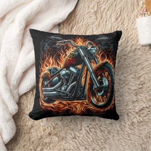 Bold motorcycle engulfed in vibrant flames at dusk cushion