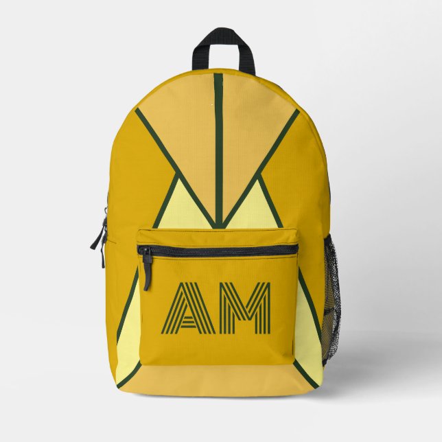 Bold Mustard and Charcoal Geometric Monogram  Printed Backpack (Front)