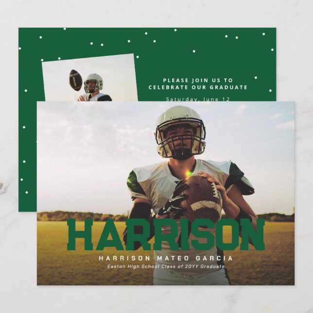 Bold name graduate athlete photo green graduation invitation (Front/Back)