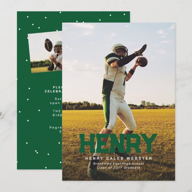 Bold name simple sporty green photo graduation invitation (Front/Back)