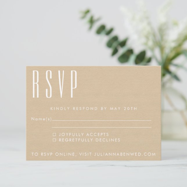 Bold Names Retro Typography Beige Kraft Wedding  RSVP Card (Standing Front)