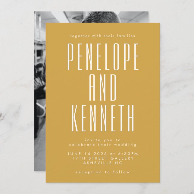 Bold Names Retro Typography Yellow Photo Wedding Invitation (Front/Back)