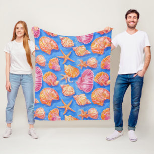 Bold Nautical Shell Starfish Orange Magenta Blue Fleece Blanket