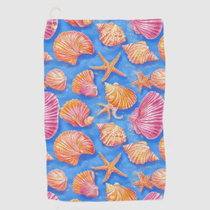 Bold Nautical Shell Starfish Orange Magenta Blue Golf Towel