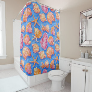 Bold Nautical Shell Starfish Orange Magenta Blue Shower Curtain