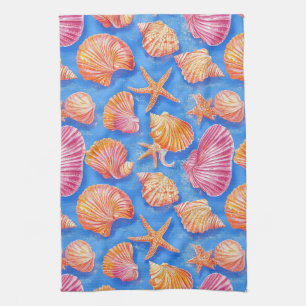 Bold Nautical Shell Starfish Orange Magenta Blue Tea Towel