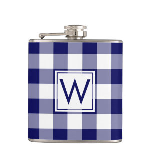 Bold Navy and White Plaid Pattern with Monogram Hip Flask