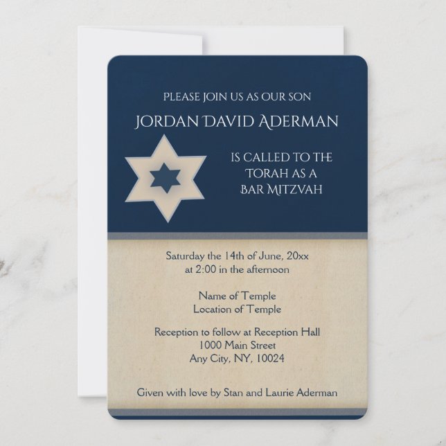 Bold navy blue and tan Bar Mitzvah invitation (Front)