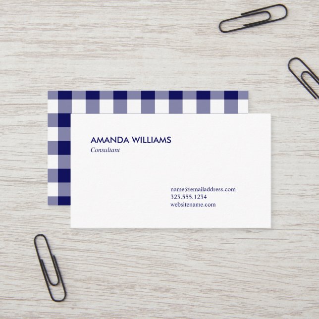 Bold Navy Blue and White Buffalo Plaid Pattern Business Card (Front/Back In Situ)