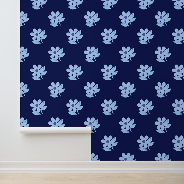 Bold Navy Blue Floral Pattern Lilac & Blue Flower Wallpaper (Application)