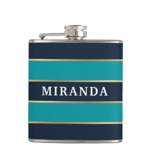 Bold Navy Blue Gold Stripe Pattern Hip Flask