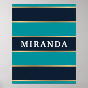 Bold Navy Blue Gold Stripe Pattern Poster