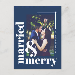 Bold Navy Blue Married and Merry Photo Christmas Postcard