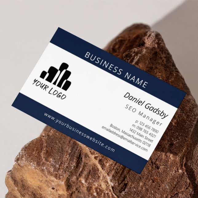 Bold Navy Blue White Your Logo One Sided Business Card (Creator Uploaded)