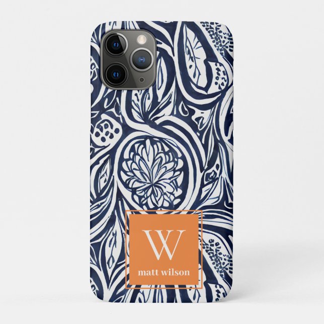 Bold Navy Rust Abstract Classy Botanical Monogram Case-Mate iPhone Case (Back)