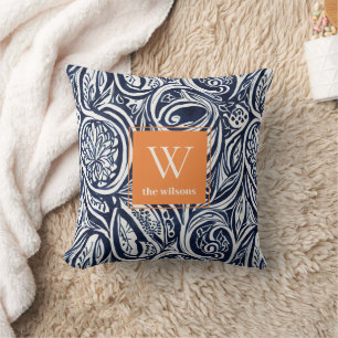 Bold Navy Rust Abstract Classy Botanical Monogram Cushion