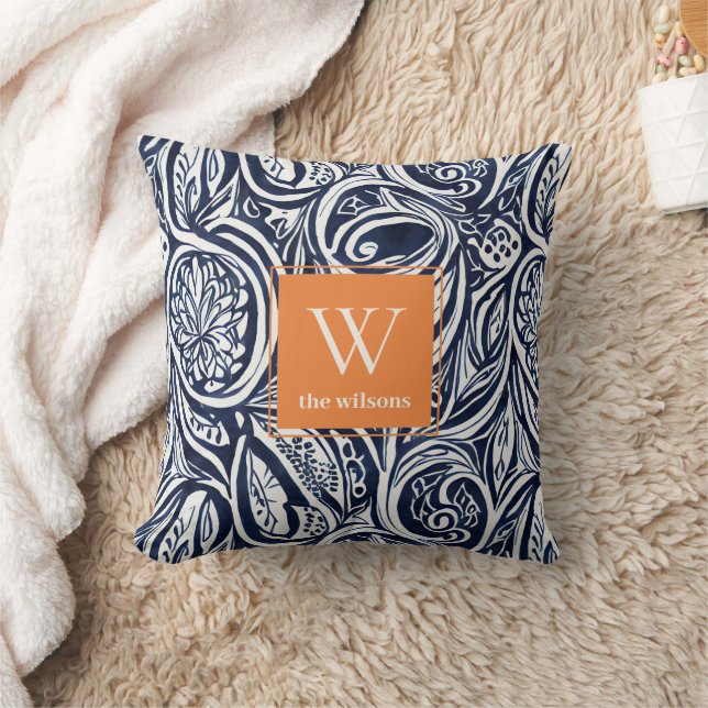 Bold Navy Rust Abstract Classy Botanical Monogram Cushion (Blanket)