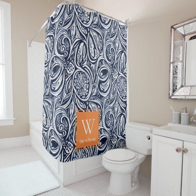 Bold Navy Rust Abstract Classy Botanical Monogram Shower Curtain (In Situ)