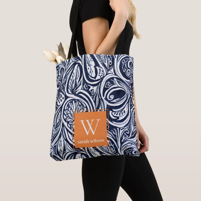 Bold Navy Rust Abstract Classy Botanical Monogram Tote Bag (Close Up)