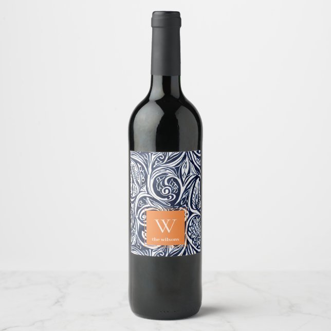 Bold Navy Rust Abstract Classy Botanical Monogram Wine Label (Front)