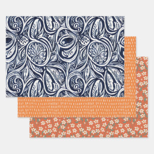Bold Navy Rust Abstract Classy Botanical Pattern Wrapping Paper Sheet