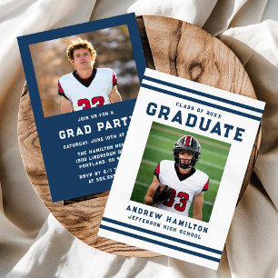 Bold Navy Stripes Athletic Photo Graduation Party Invitation