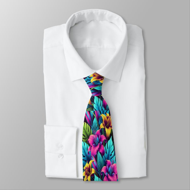 Bold Neon Lilies Illuminate Lush Greens Tie (Tied)