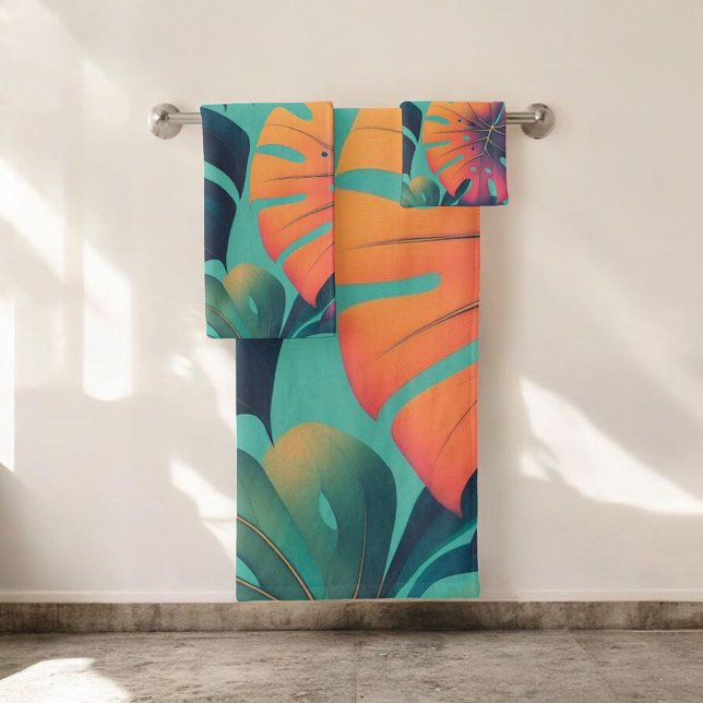 Bold Neon Monstera Vibrant Tropical Leaf Pattern  Bath Towel Set (Creator Uploaded)