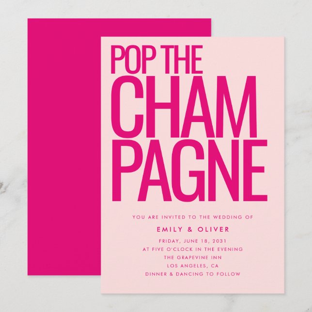 Bold Neon Pink Pop the Champagne Modern Wedding Invitation (Front/Back)